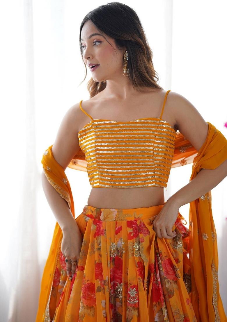 Yellow Printed Georgette Lehenga Set With Dupatta