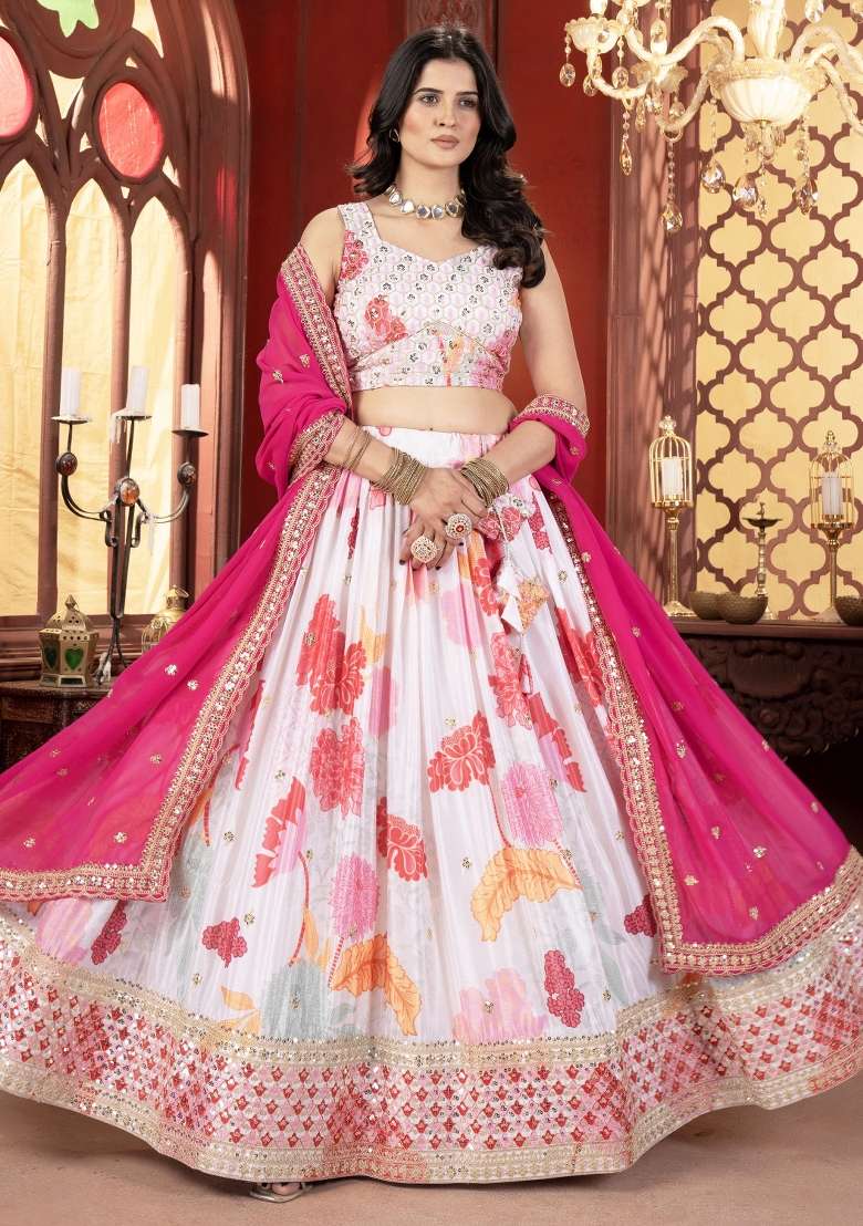 Off White With Dupatta Chiffon Lehenga Set with Printed for Diwali | Wedding & Festive Wear - Indya