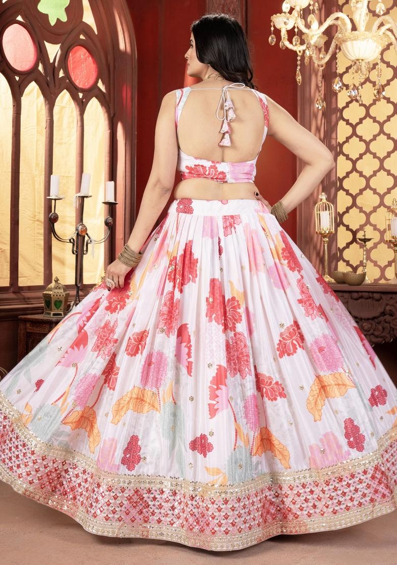 Off White Printed Chiffon Lehenga Set With Dupatta