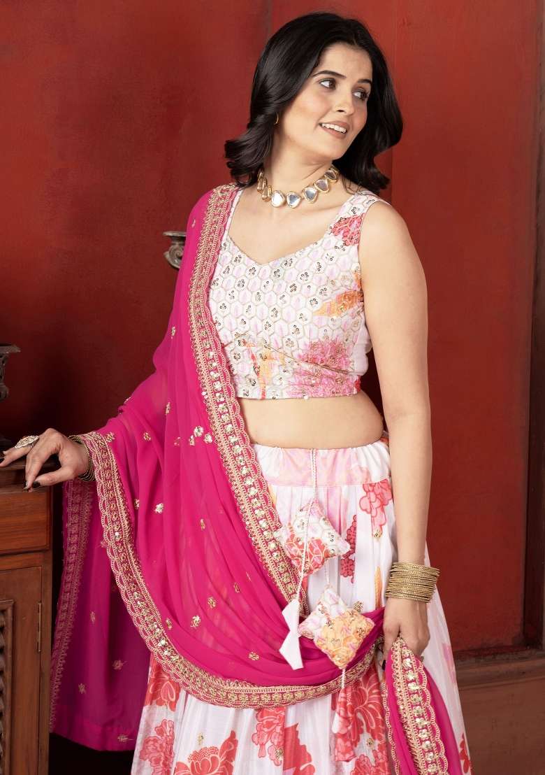 Off White With Dupatta Chiffon Lehenga Set with Printed for Diwali | Wedding & Festive Wear - Indya
