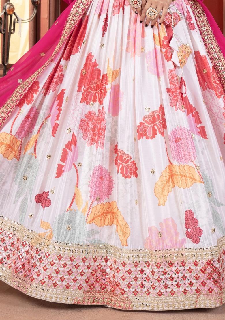 Off White Printed Chiffon Lehenga Set With Dupatta