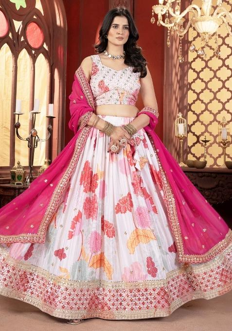 Off White Printed Chiffon Lehenga Set With Dupatta — view on Indya