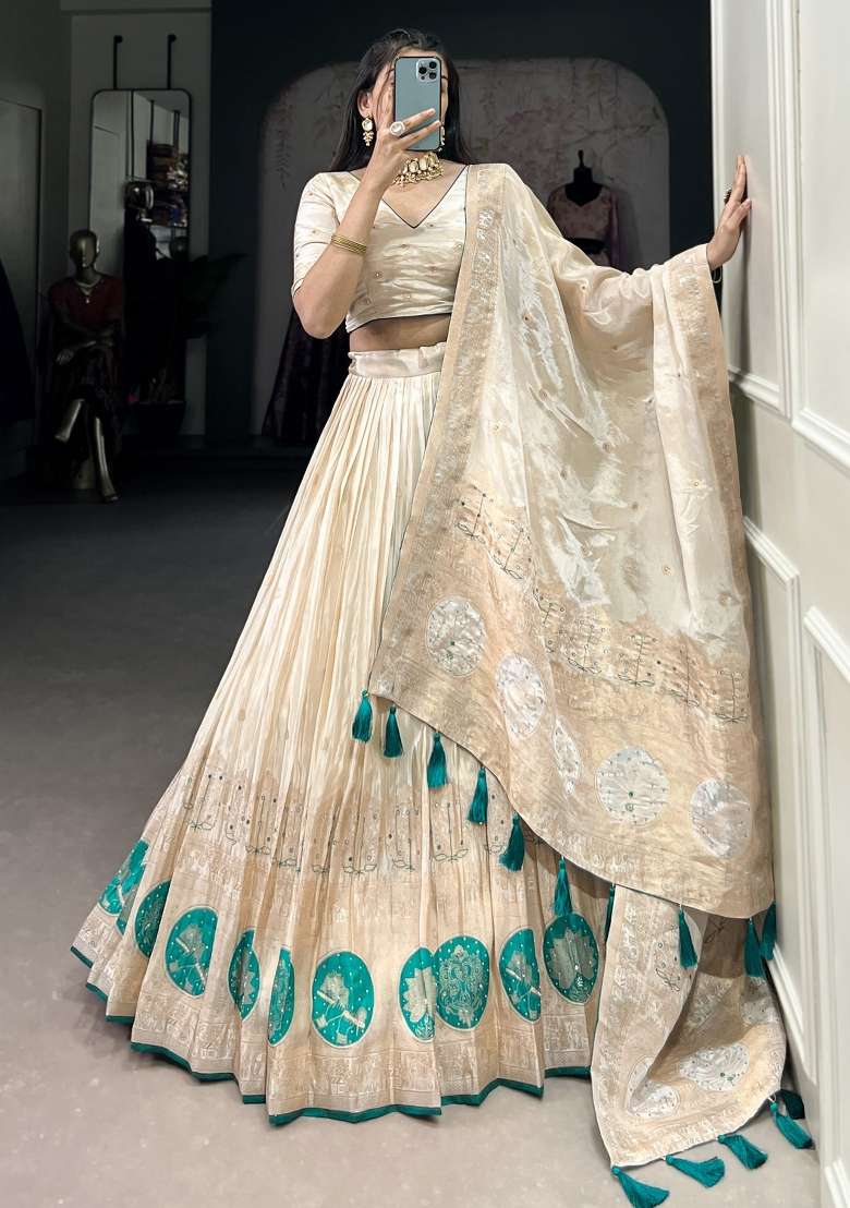 Off White Embroidered Silk Blend Lehenga Set With Dupatta for Diwali and Festive Wear - Indya