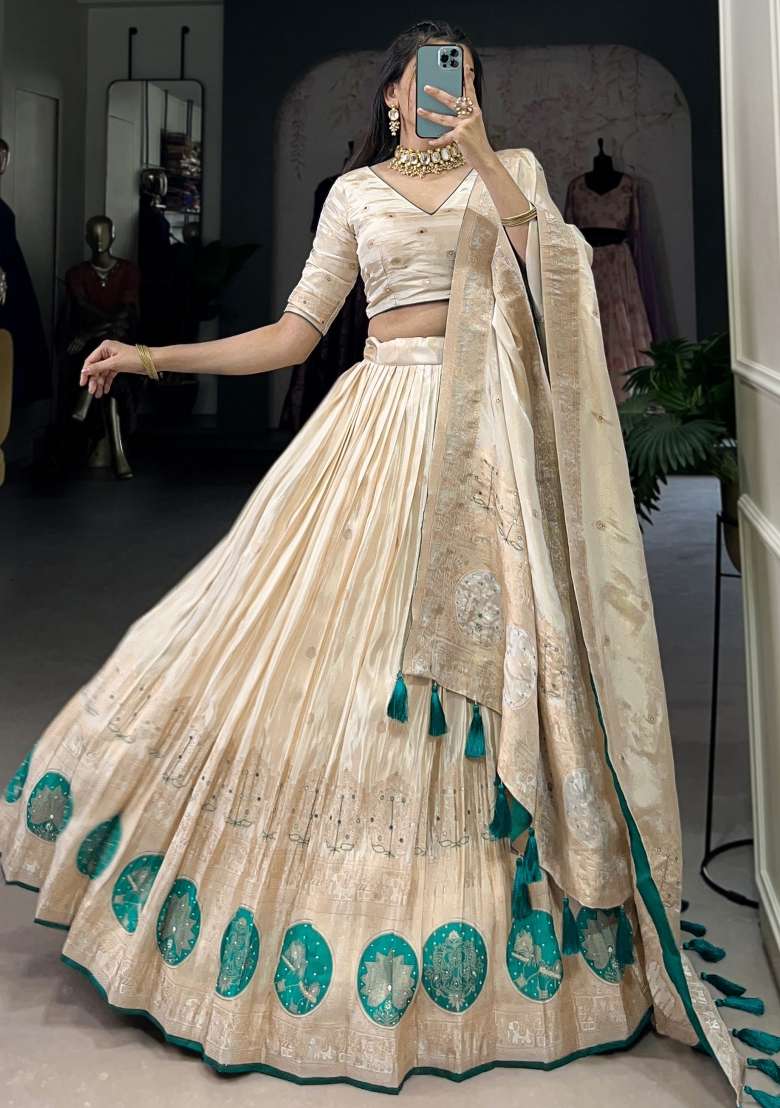 Off White Embroidered Silk Blend Lehenga Set With Dupatta for Diwali and Festive Wear - Indya