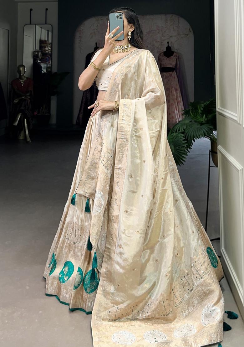 Off White Embroidered Silk Lehenga Set With Dupatta