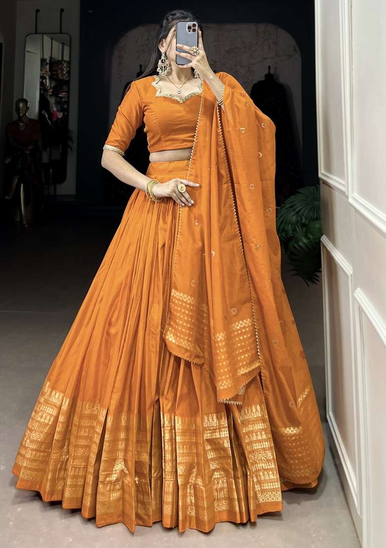 Orange Chanderi With Dupatta Lehenga Set with Embroidered for Diwali | Wedding & Festive Wear - Indya