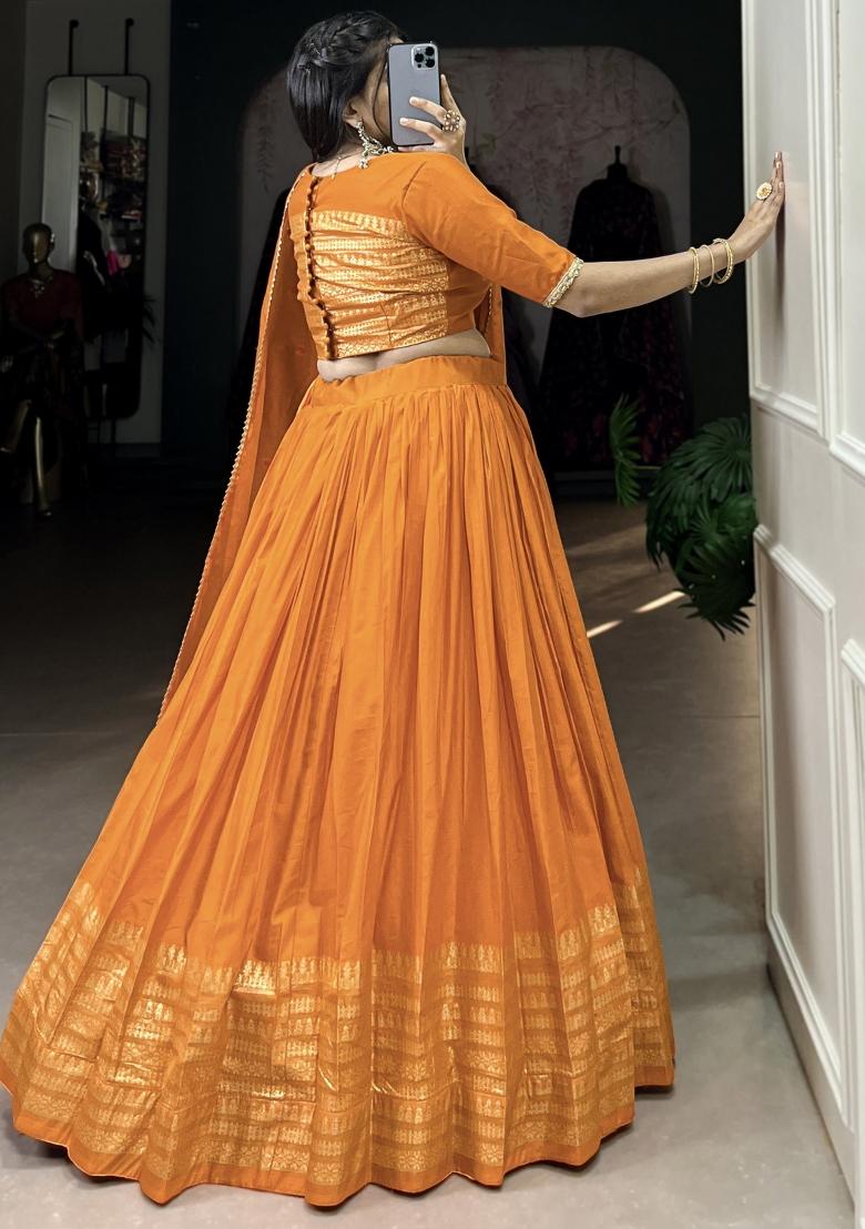 Orange Embroidered Chanderi Lehenga Set With Dupatta