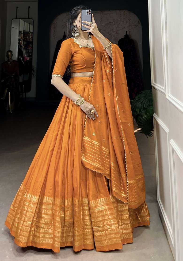 Orange Chanderi With Dupatta Lehenga Set with Embroidered for Diwali | Wedding & Festive Wear - Indya