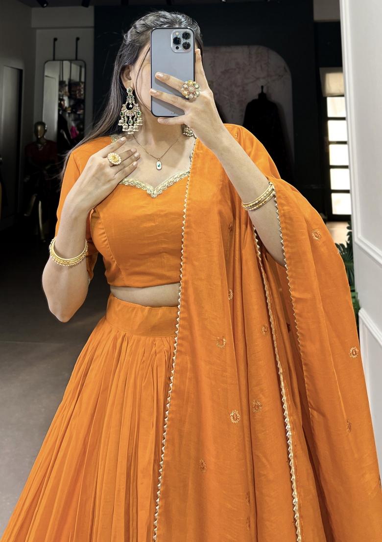 Orange Embroidered Chanderi Lehenga Set With Dupatta