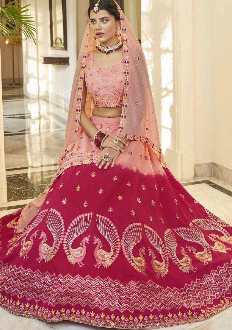 Peach Printed Art Silk Lehenga Set With Dupatta