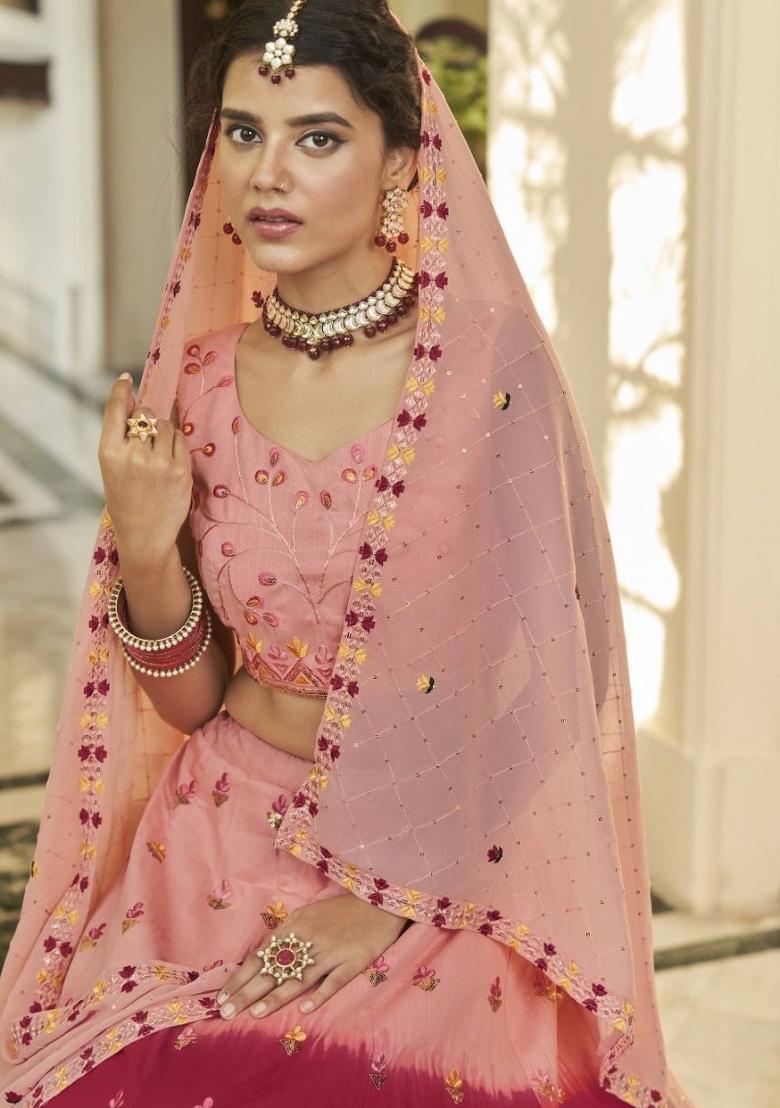 Peach Printed Art Silk Lehenga Set With Dupatta