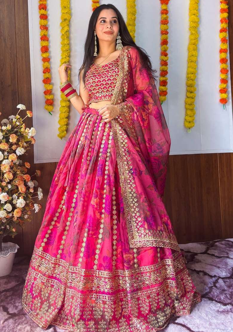 Pink Printed Organza Lehenga Set With Dupatta for Diwali and Festive Wear - Indya