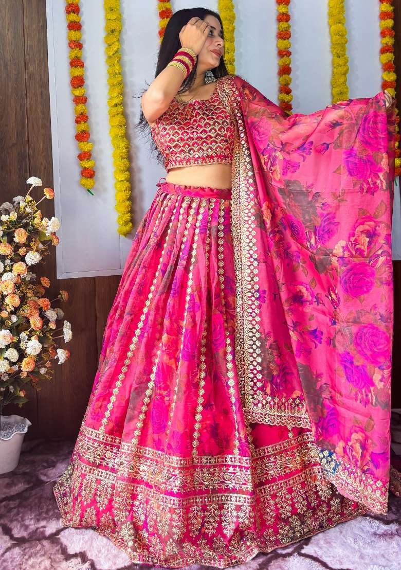 Pink Printed Organza Lehenga Set With Dupatta for Diwali and Festive Wear - Indya