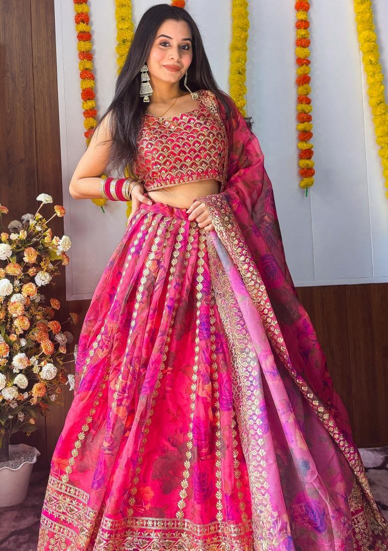 Pink Printed Organza Lehenga Set With Dupatta