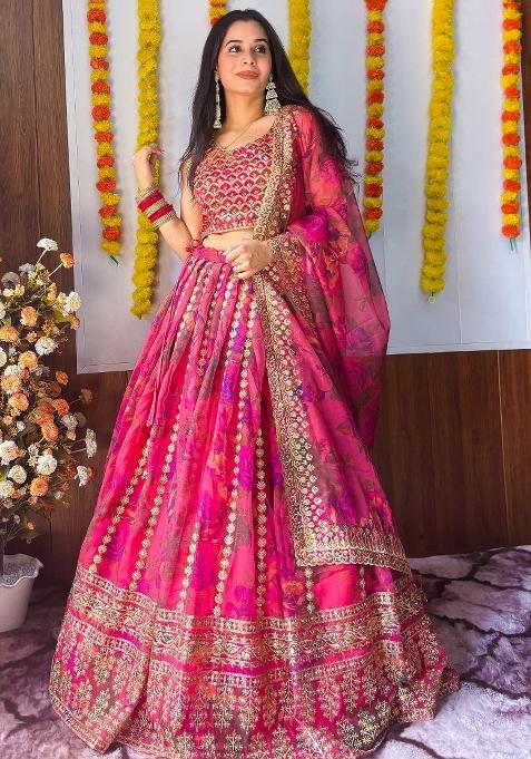 Pink Printed Organza Lehenga Set With Dupatta