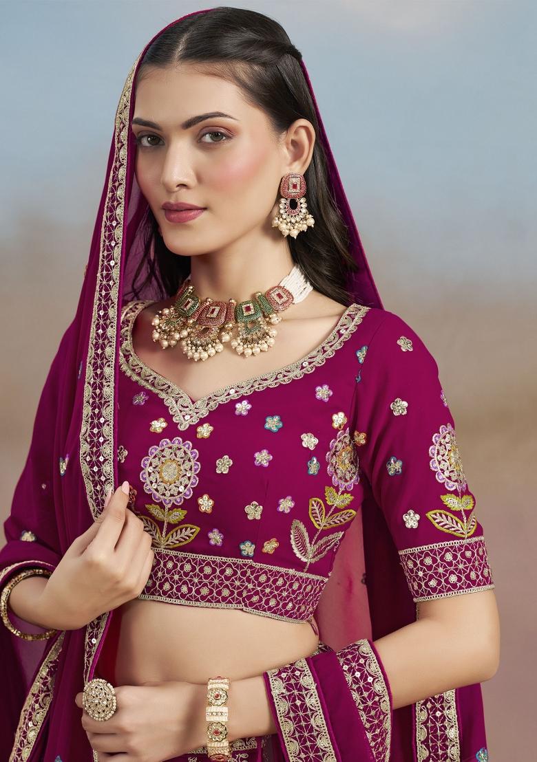 Pink Embroidered Georgette Lehenga Set With Dupatta