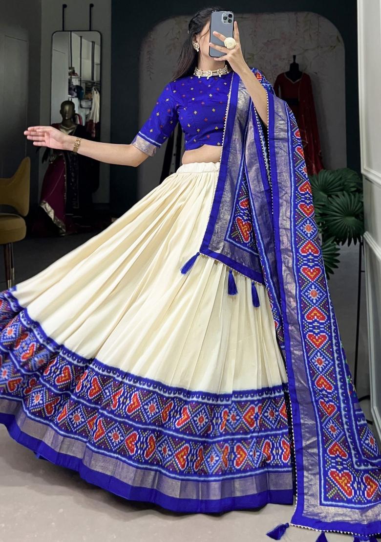 Blue Printed Silk Lehenga Set With Dupatta