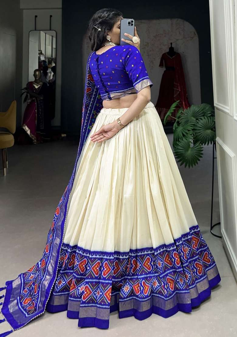 Blue Printed Silk Lehenga Set With Dupatta - Indya