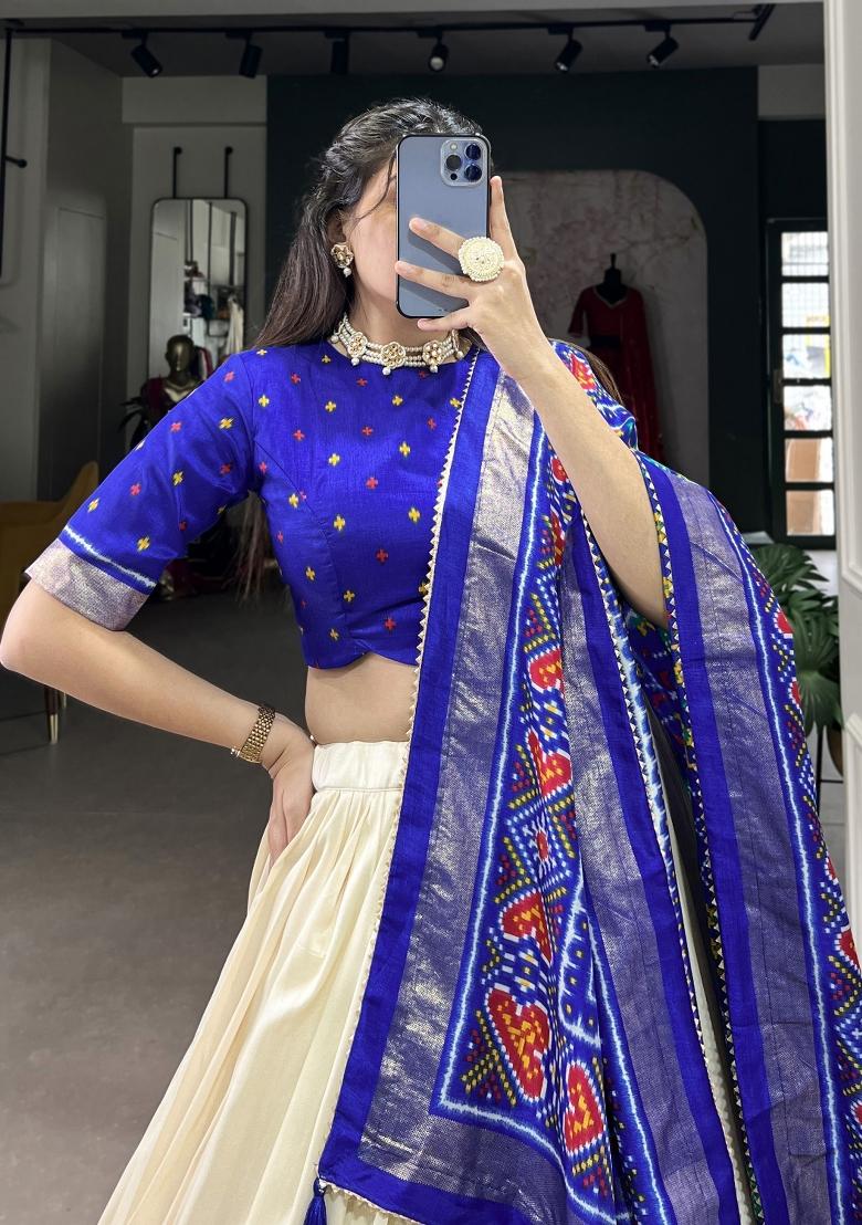 Blue Printed Silk Lehenga Set With Dupatta