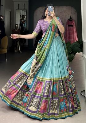 Sky Blue Printed Silk Lehenga Set With Dupatta