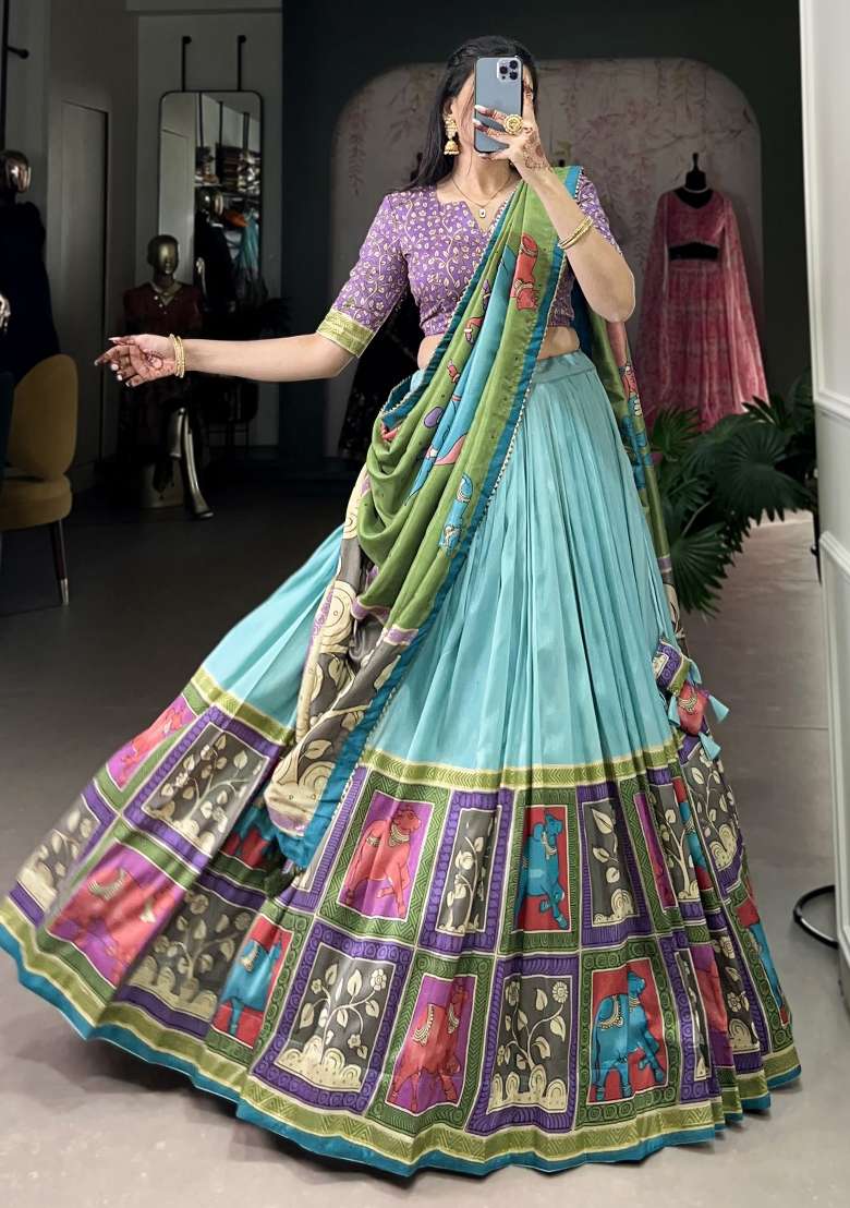 Sky Blue Printed Silk Blend Lehenga Set With Dupatta - Indya
