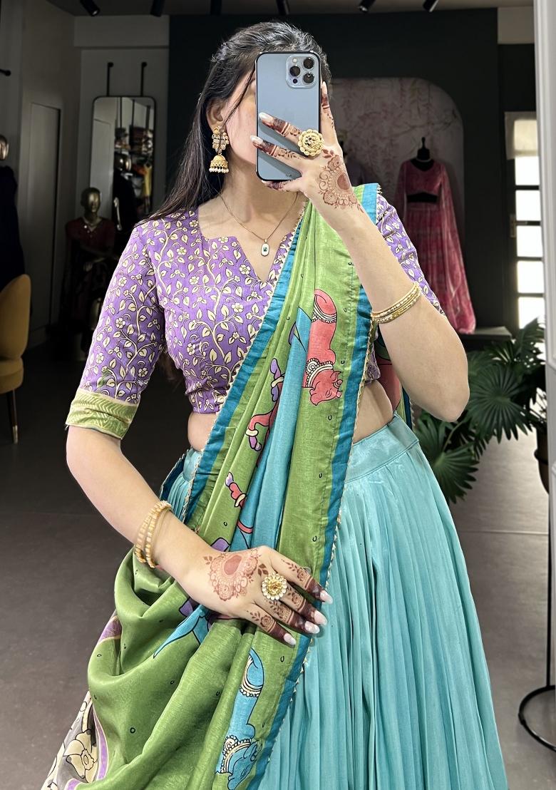 Sky Blue Printed Silk Lehenga Set With Dupatta