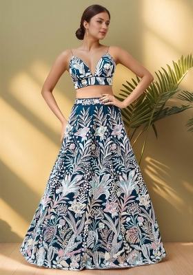 Blue Embroidered Net Lehenga Set With Dupatta