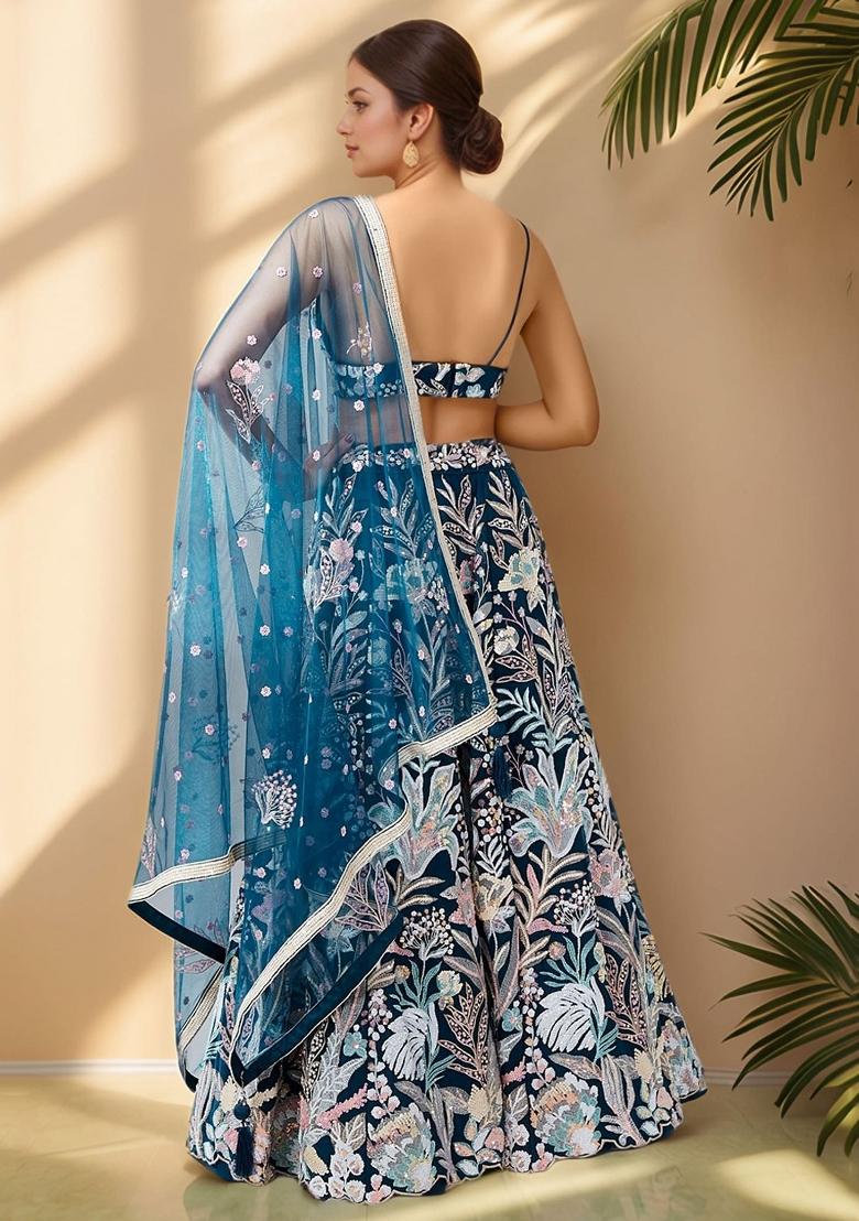 Blue Embroidered Net Lehenga Set With Dupatta