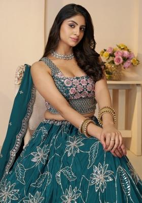 Blue Embroidered Satin Lehenga Set With Dupatta
