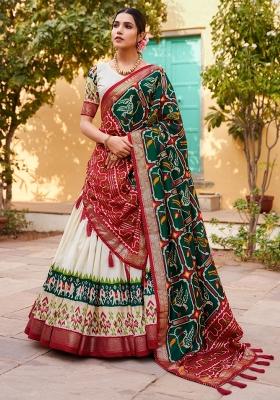White Printed Silk Lehenga Set With Dupatta