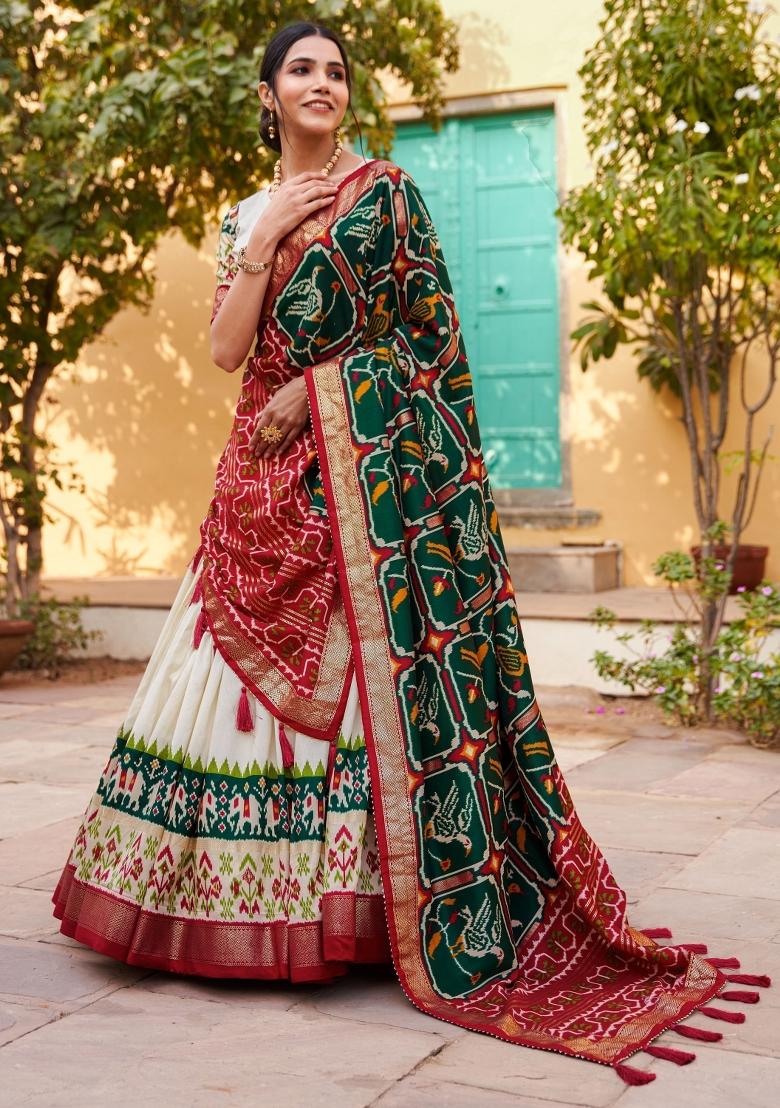 White Printed Silk Lehenga Set With Dupatta