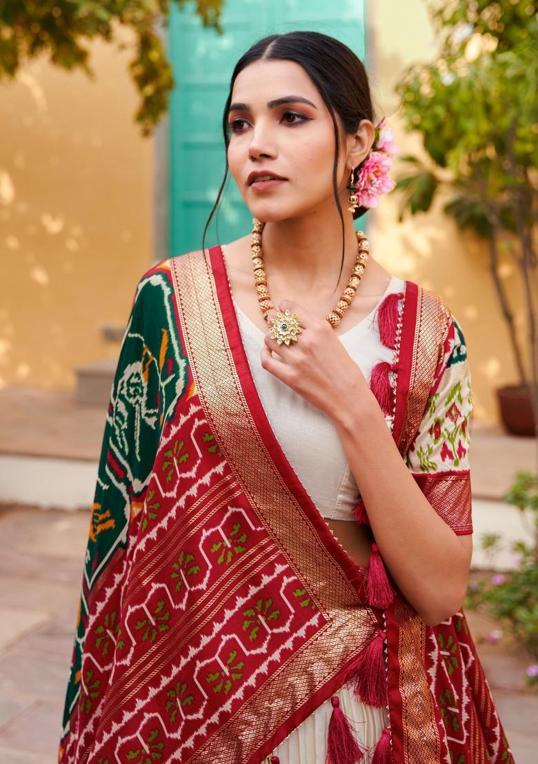 White Printed Silk Lehenga Set With Dupatta