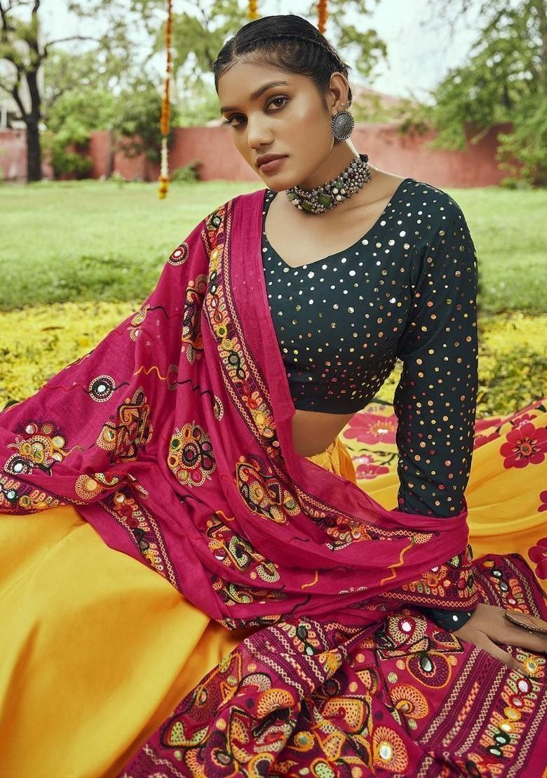 Yellow Printed Cotton Lehenga Set With Dupatta