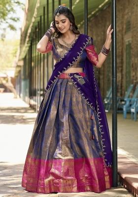 Blue Embroidered Silk Lehenga Set With Dupatta