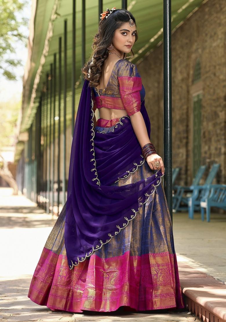 Blue Embroidered Silk Lehenga Set With Dupatta