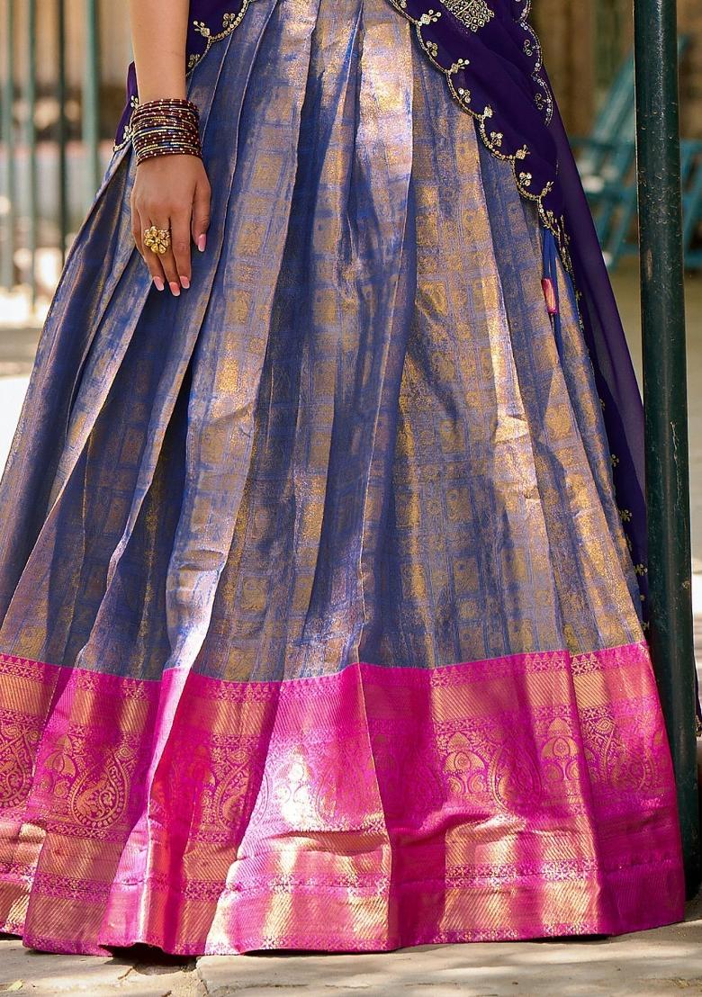 Blue Embroidered Silk Lehenga Set With Dupatta