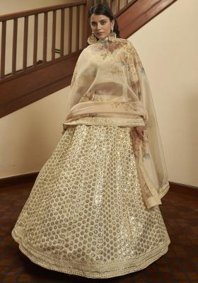 Beige Printed Art Silk Lehenga Set With Dupatta
