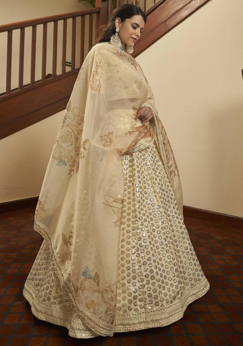 Beige Printed Art Silk Lehenga Set With Dupatta