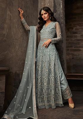 Blue And Grey Digital Print Net Lehenga Set