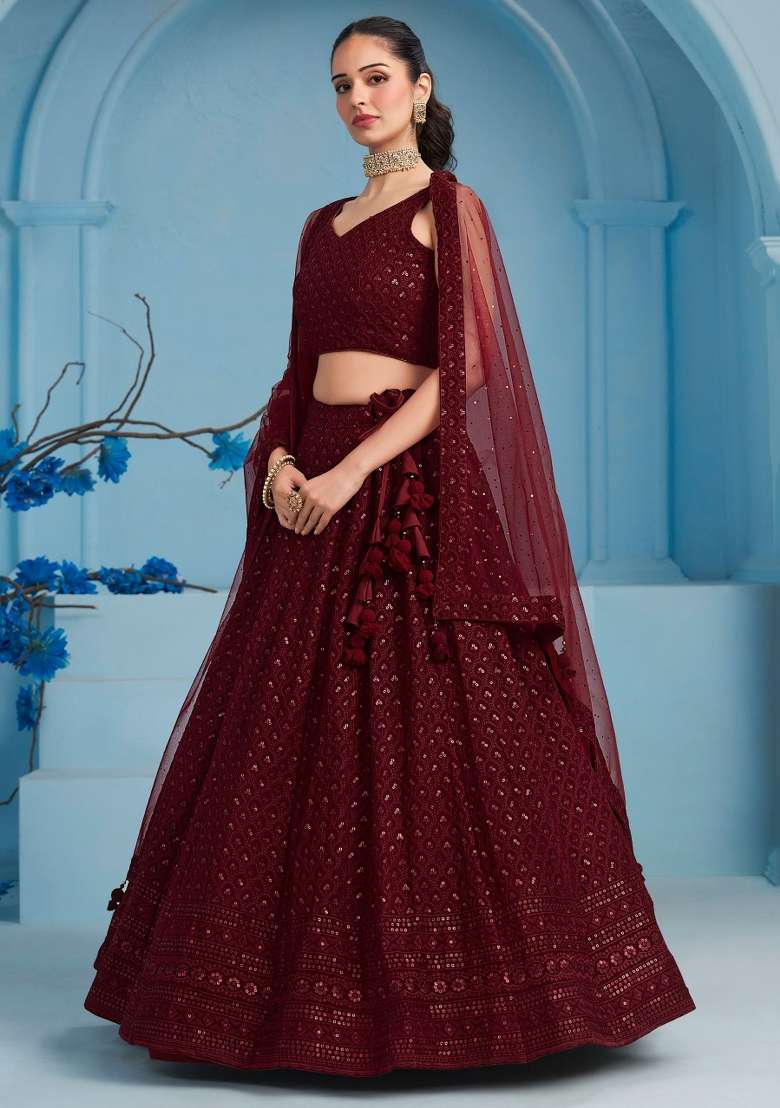 Maroon Embroidered Georgette Lehenga Set With Dupatta for Diwali and Festive Wear - Indya