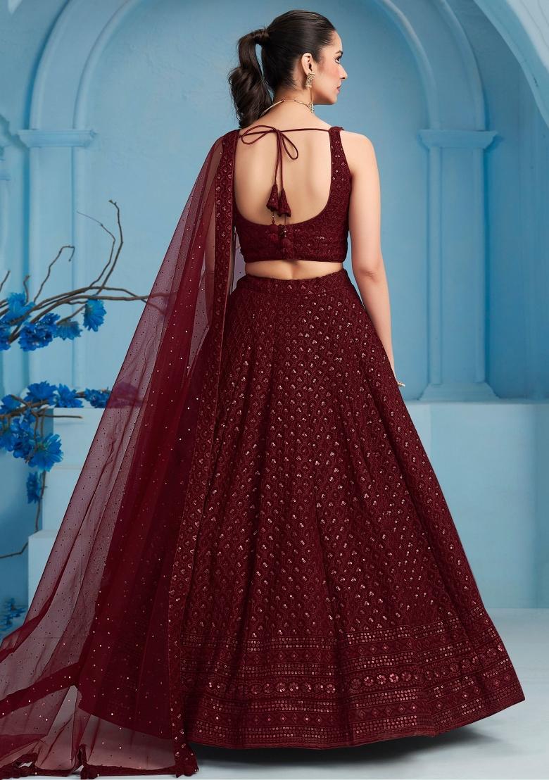 Maroon Embroidered Georgette Lehenga Set With Dupatta