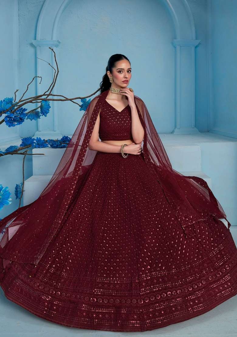 Maroon Embroidered Georgette Lehenga Set With Dupatta for Diwali and Festive Wear - Indya