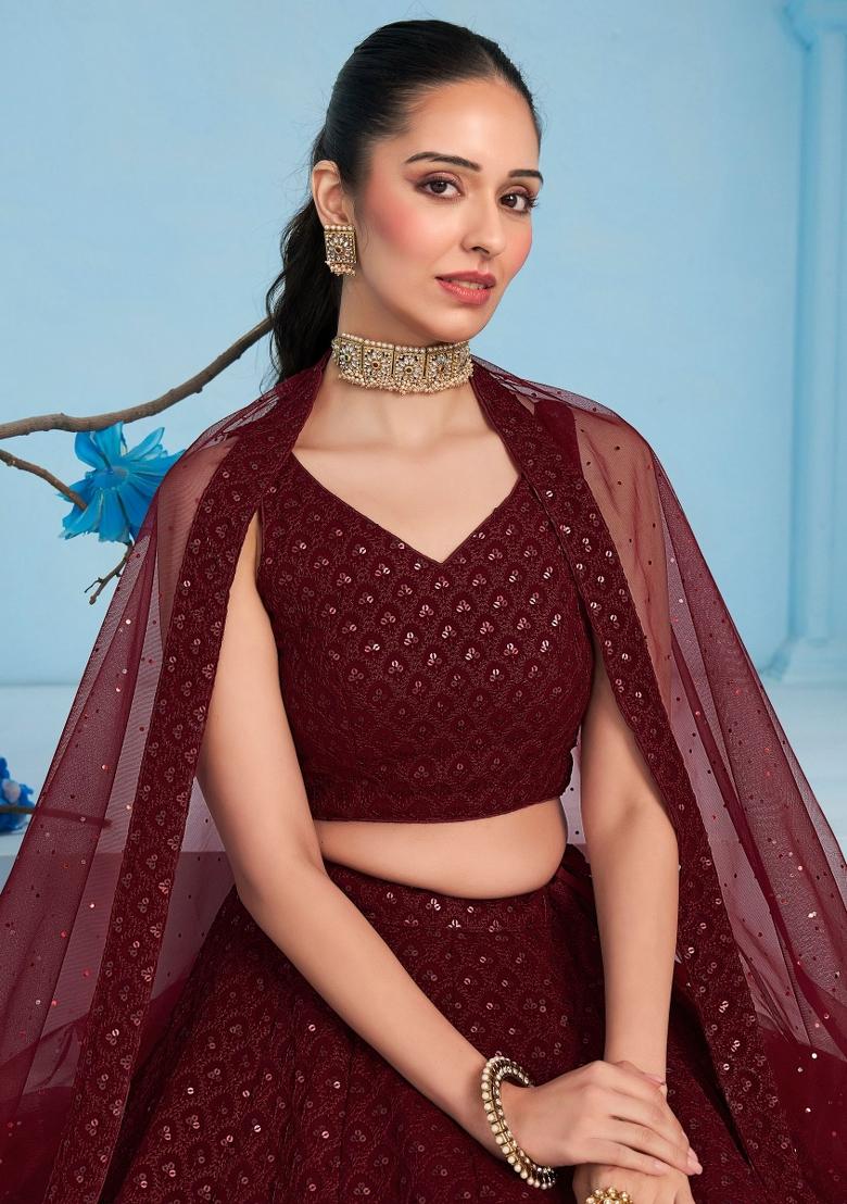 Maroon Embroidered Georgette Lehenga Set With Dupatta