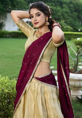 Cream Embroidered Silk Lehenga Set With Dupatta