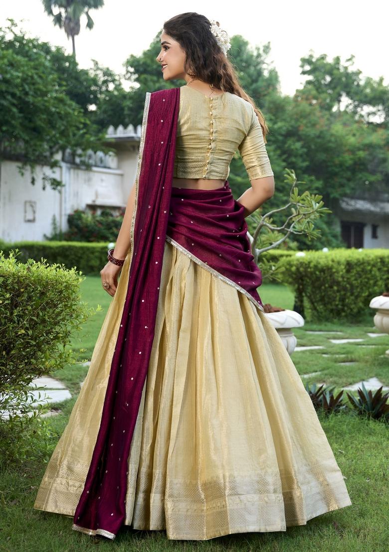 Cream Embroidered Silk Lehenga Set With Dupatta