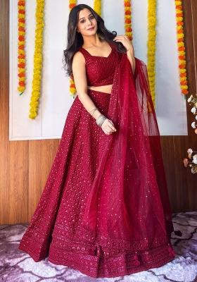 Maroon Embroidered Georgette Lehenga Set With Dupatta