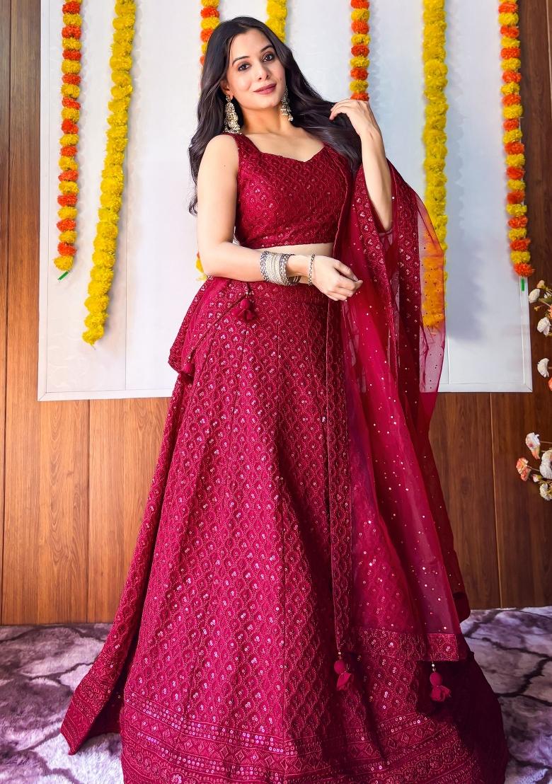 Maroon Embroidered Georgette Lehenga Set With Dupatta
