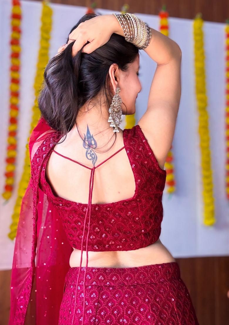 Maroon Embroidered Georgette Lehenga Set With Dupatta
