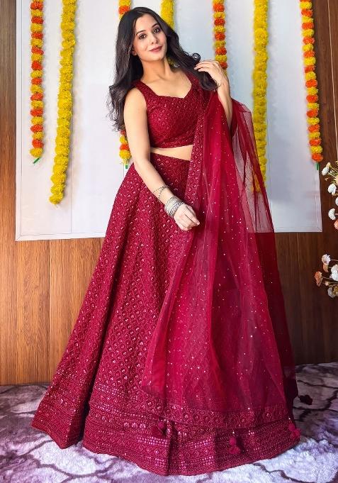 Maroon Embroidered Georgette Lehenga Set With Dupatta