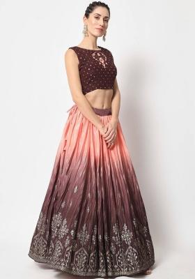 Brown Embroidered Silk Lehenga Set With Dupatta